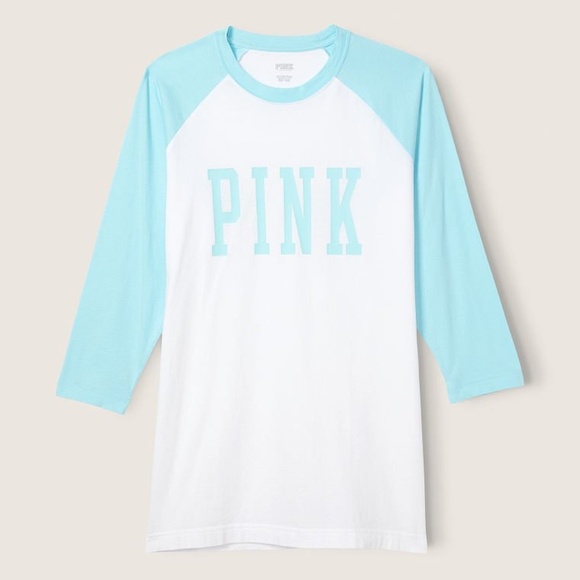 Victoria's Secret PINK Campus Baseball Tee Blue Breeze ColorBlock Large  NEW - Picture 3 of 3